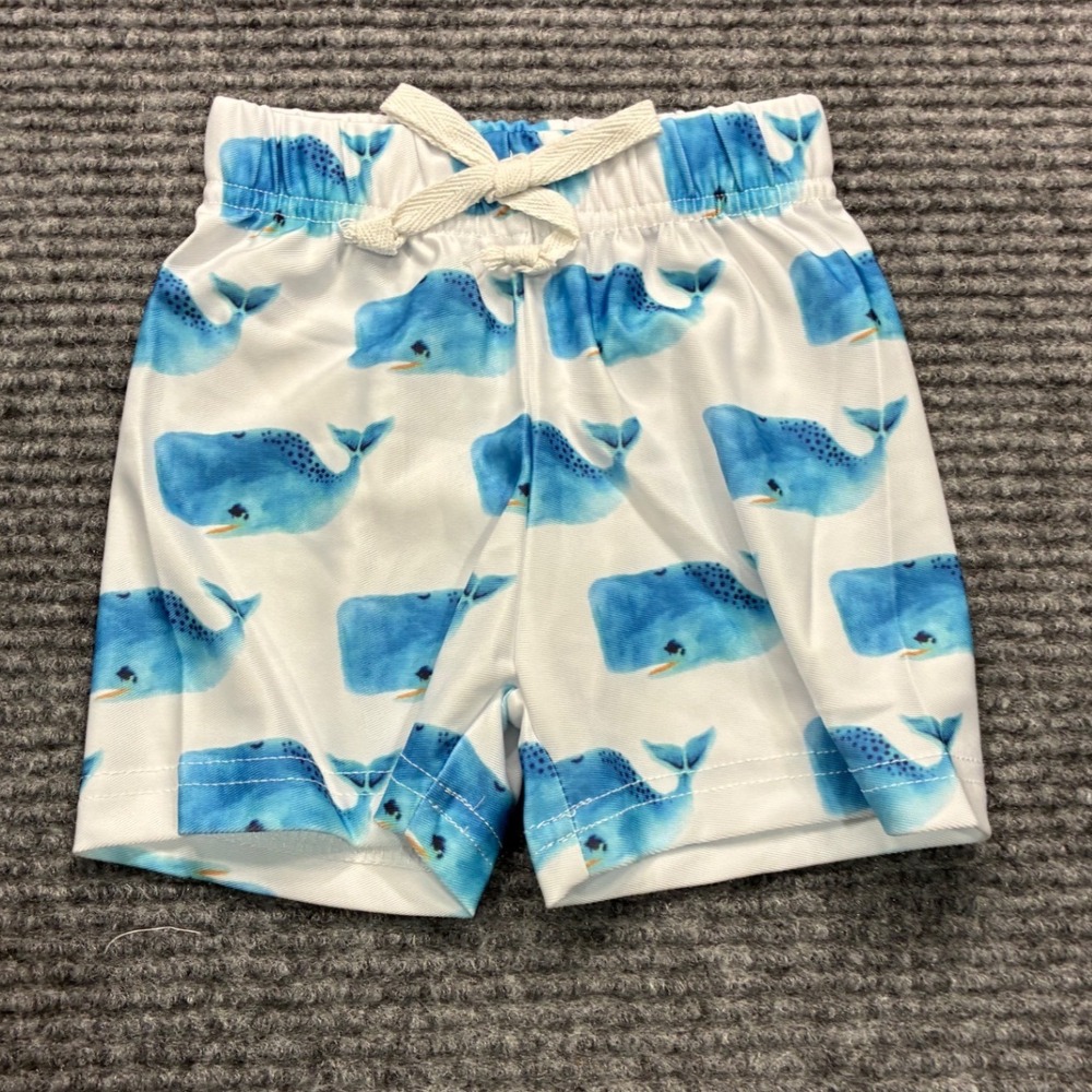Toddler Blue Whale Print Swim Trunks White Nautical Shorts Coastal Summer 3-6M